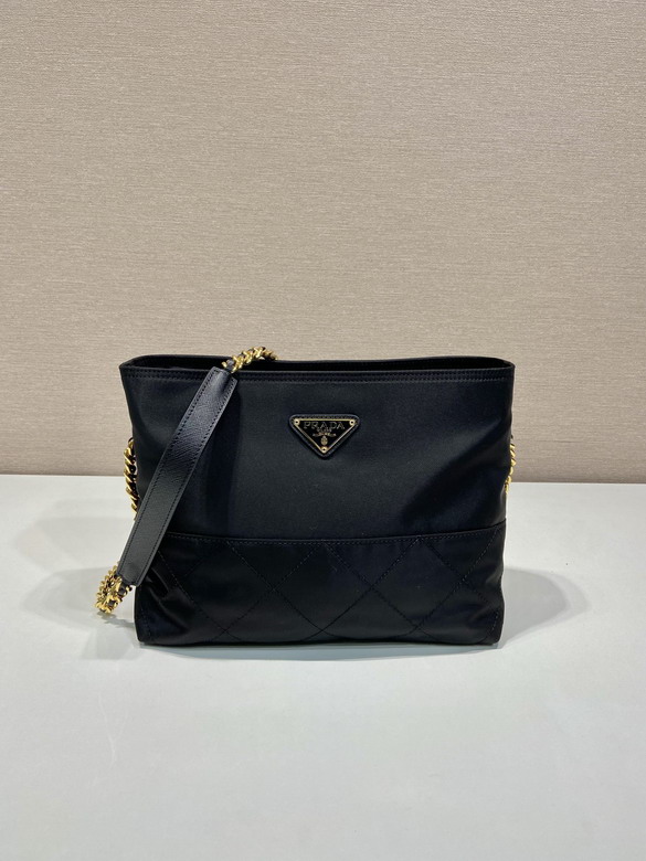 Prada 1BD645 Small Shoulder Bag in Black Satin with Quilted Detail and Gold Chain