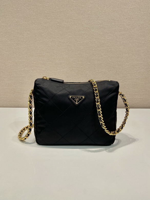 Prada Quilted Re-Nylon Chain Shoulder Bag in Black with Gold Hardware