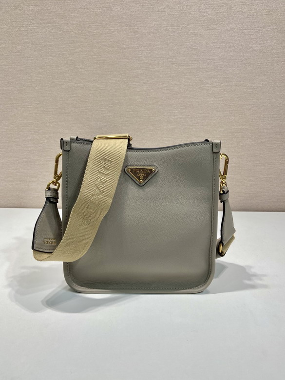 Prada Small Crossbody Bag in Gray Leather with Logo Webbing Strap