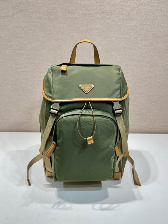 Prada Re-Nylon and Leather Flap Backpack in Olive Green with Tan Trim