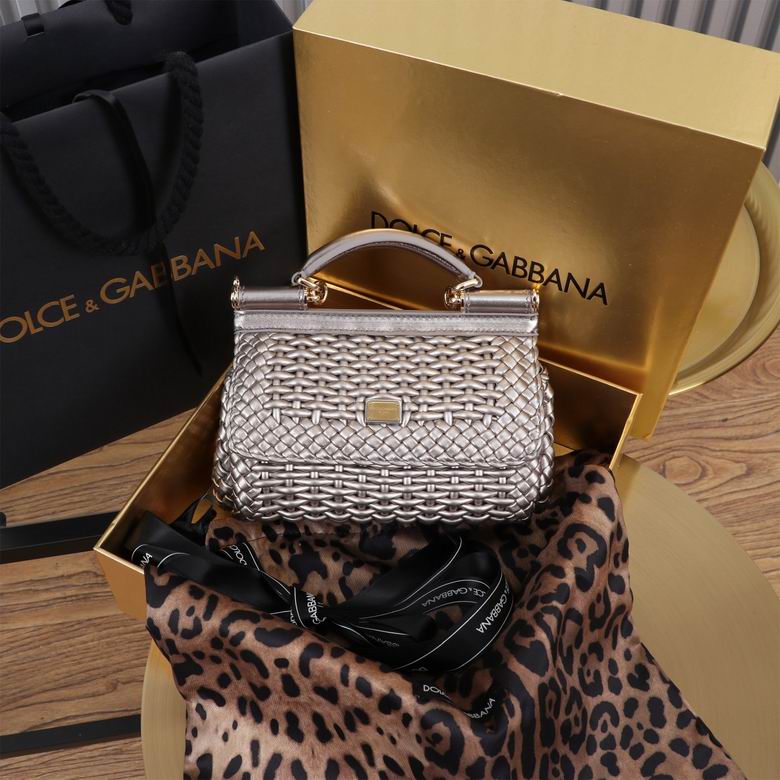 Dolce & Gabbana Sicily Mini Top-Handle Bag in Silver Woven Metallic Leather