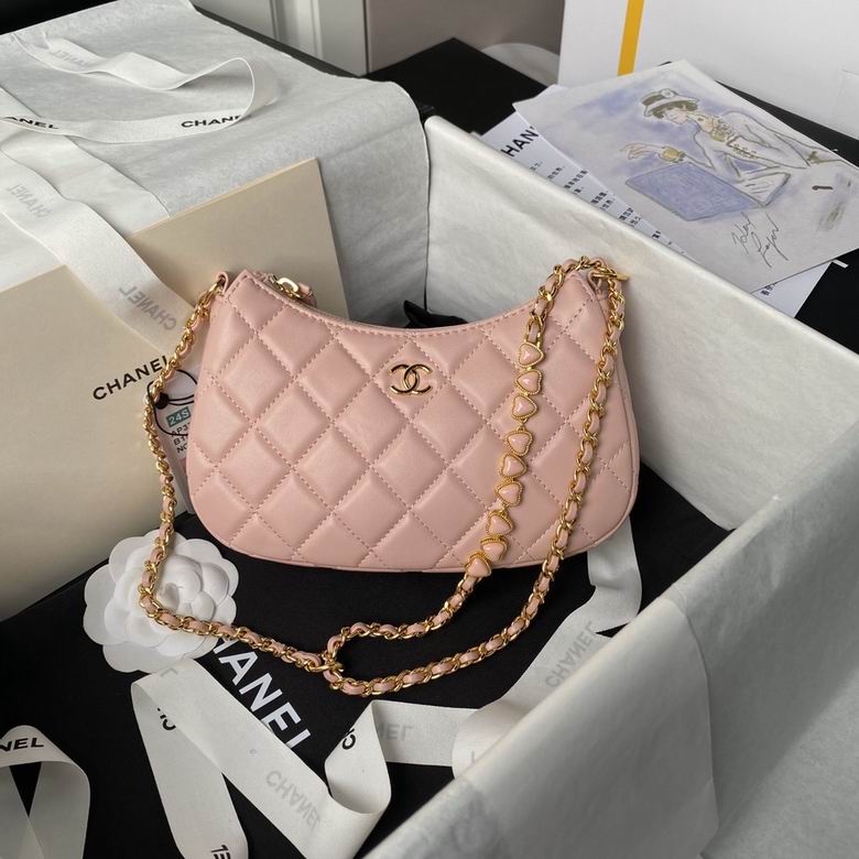 Chanel Mini Quilted Hobo Bag with Heart Chain Strap in Pink Lambskin