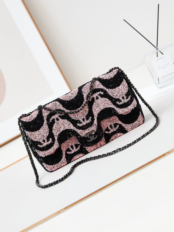 Chanel Flap Bag with Chain Strap in Pink and Black Wavy CC Sequin Pattern