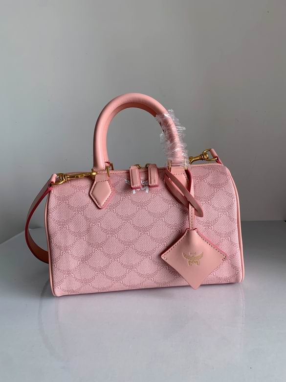 MCM Boston Top-Handle Bag in Pink Monogram Canvas with Crossbody Strap