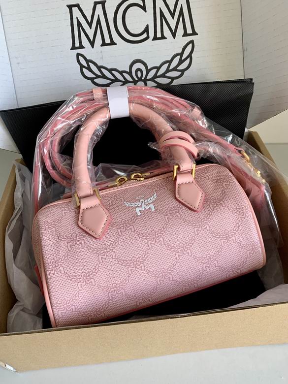 MCM Mini Boston Pillow Top-Handle Bag in Pink Monogram Canvas
