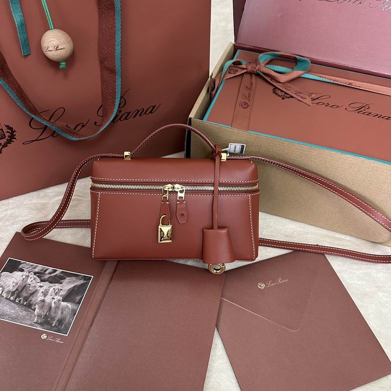 Loro Piana Extra Bag L19 Top-Handle Crossbody in Brown Leather with Gold Lock