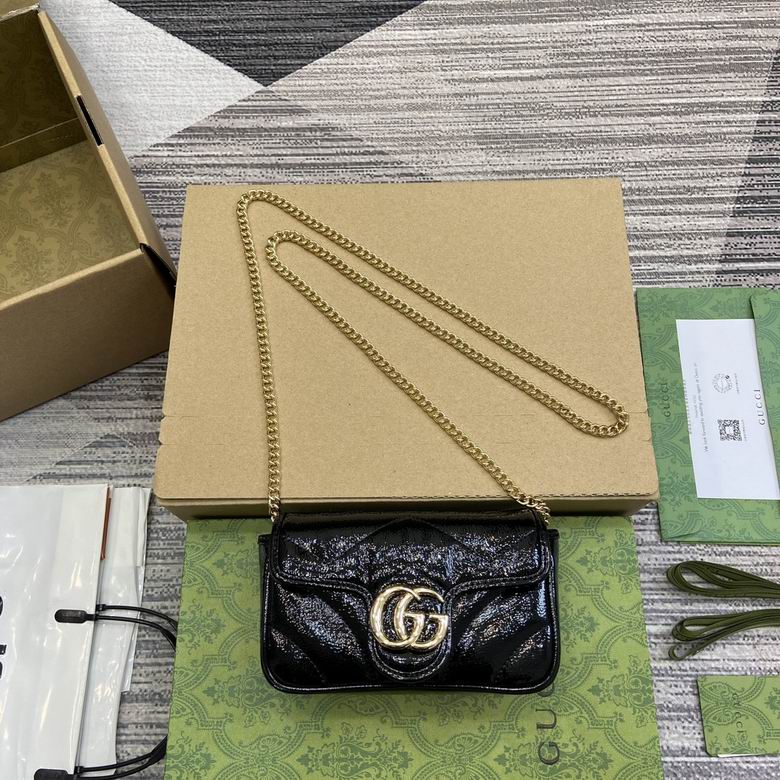 Gucci GG Marmont Super Mini Chain Bag in Black Crinkled Patent Leather
