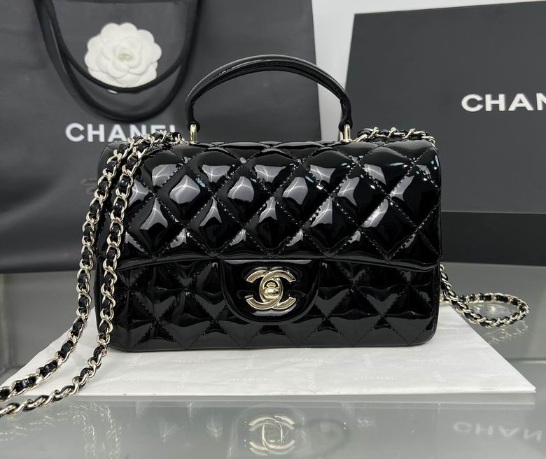 Chanel Mini Flap Bag with Top Handle in Black Quilted Patent Leather