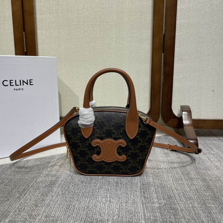 Celine Mini Vase Cuir Triomphe Top-Handle Bag in Triomphe Canvas, Tan