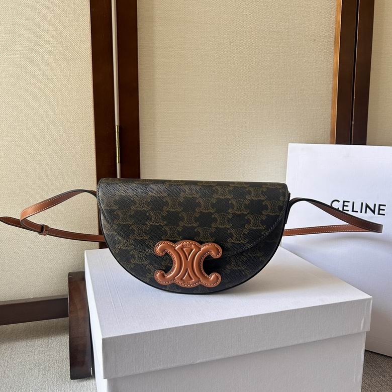 Celine Triomphe Half-Moon Shoulder Bag in Tan Triomphe Canvas with Calfskin
