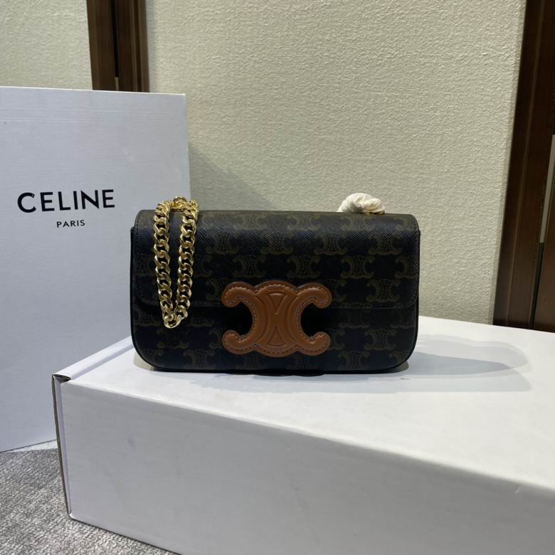 Celine Triomphe Chain Shoulder Bag in Triomphe Canvas with Tan Leather Trim