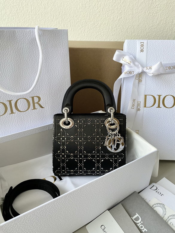 Dior Lady Dior Micro Top-Handle Bag in Black Satin with Crystal Cannage