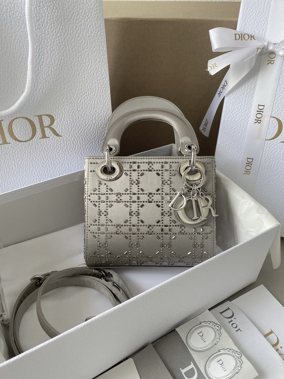 Christian Dior Lady Dior Micro Bag in Silver Satin with Crystal Cannage