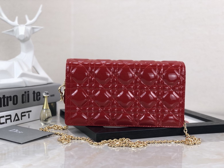 Dior Lady Dior Chain Clutch in Red Cannage Patent Leather with Gold Chain