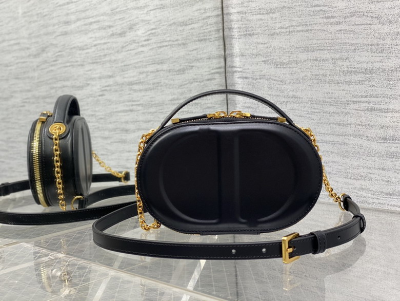 Christian Dior Signature Oval Camera Bag with Chain in Black Calfskin