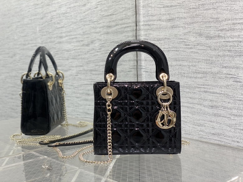 Christian Dior Lady Dior Mini Top-Handle Bag in Black Patent Cannage Leather