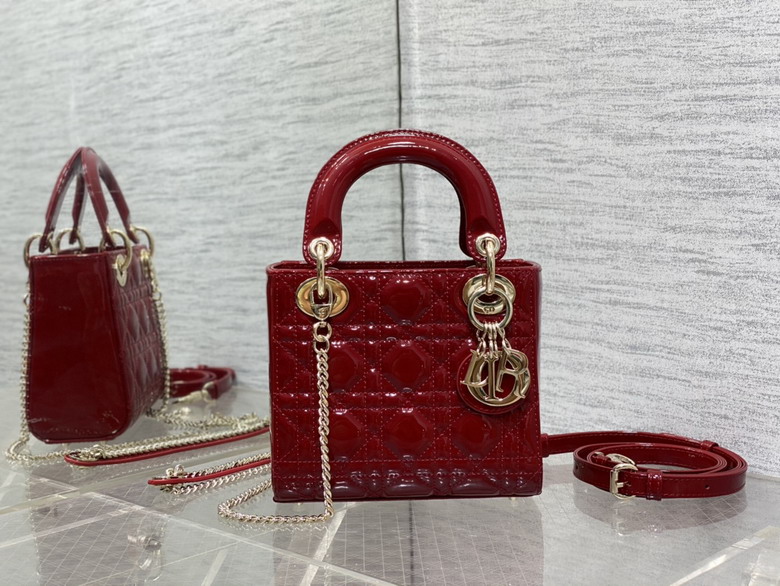 Christian Dior Lady Dior Mini Top-Handle Bag in Dark Red Patent Cannage Leather