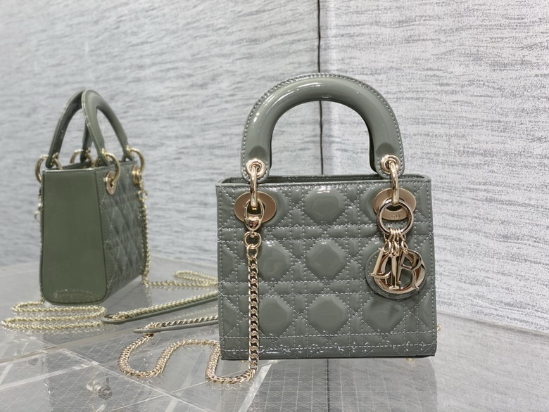 Dior Lady Dior Mini Top-Handle Bag in Grey-Green Patent Cannage Leather