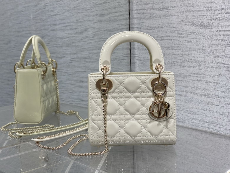 Christian Dior Lady Dior Mini Top-Handle Bag in White Patent Cannage Leather