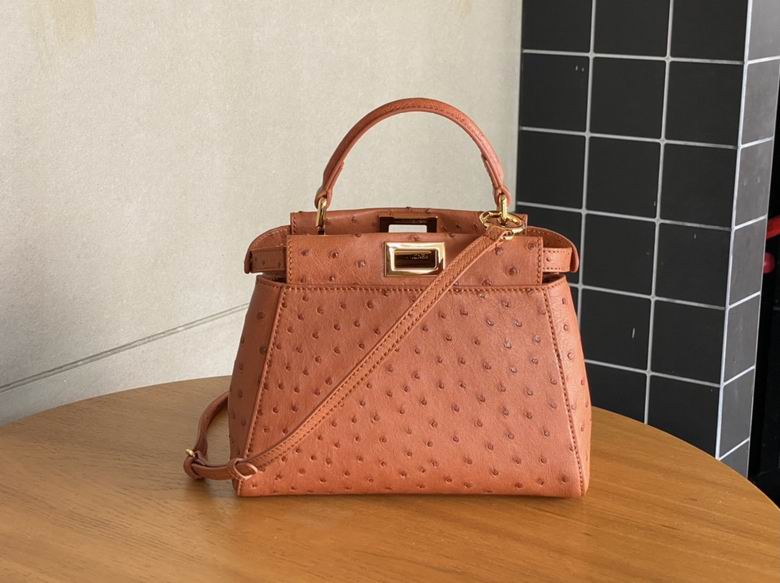 Fendi Peekaboo Mini Top-Handle Bag in Tan Ostrich-Embossed Leather