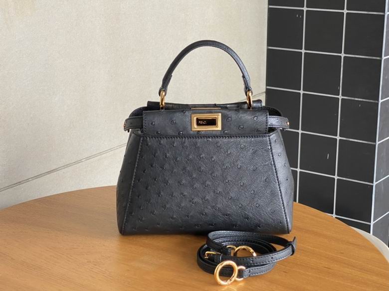 Fendi Peekaboo Mini Top-Handle Bag in Black Ostrich-Embossed Leather