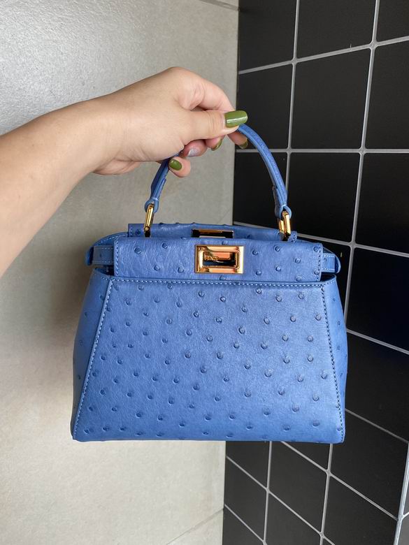 Fendi Peekaboo Mini Top-Handle Bag in Blue Ostrich-Embossed Leather