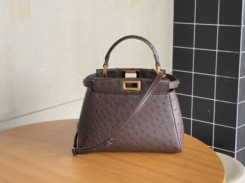 Fendi Peekaboo Mini Top-Handle Bag in Dark Brown Ostrich-Textured Leather
