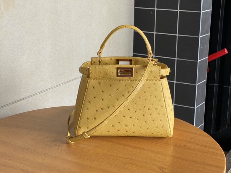 Fendi Peekaboo Mini Top-Handle Bag in Mustard Yellow Ostrich-Embossed Leather