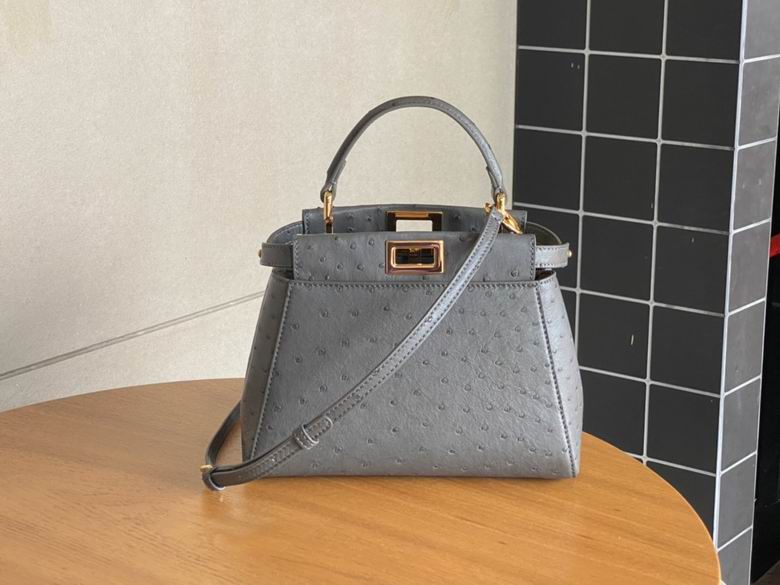 Fendi Peekaboo Mini Top-Handle Bag in Grey Ostrich-Effect Leather