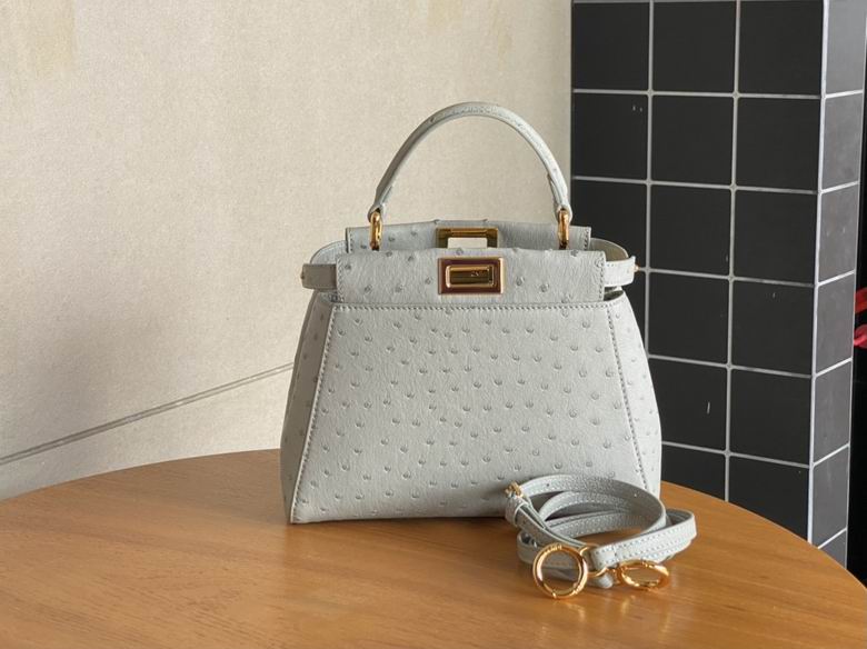 Fendi Peekaboo Mini Top-Handle Bag in Light Grey Ostrich-Embossed Leather