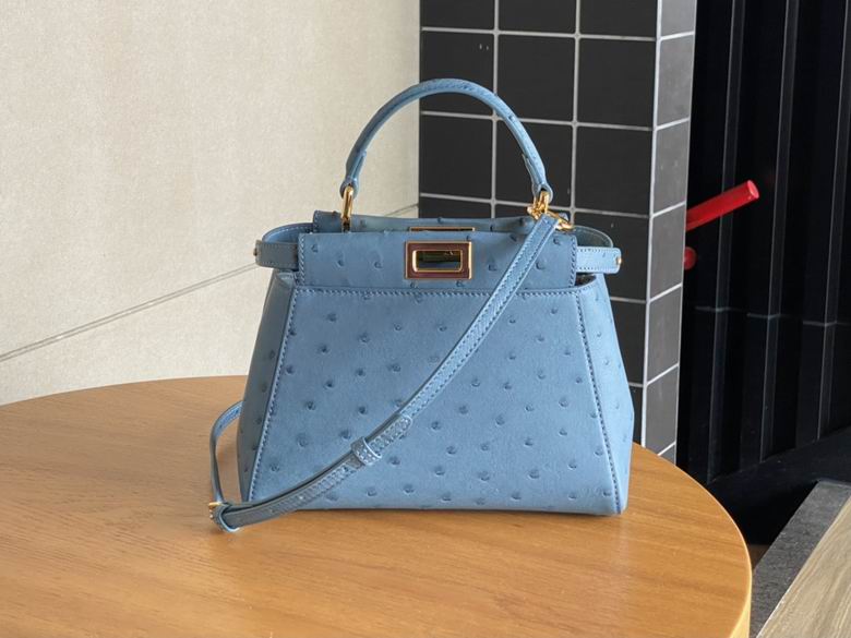 Fendi Peekaboo Mini Top-Handle Bag in Blue Ostrich-Embossed Leather