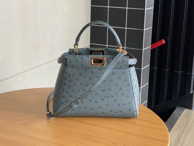 Fendi Peekaboo Mini Top-Handle Bag in Slate Blue Ostrich-Embossed Leather