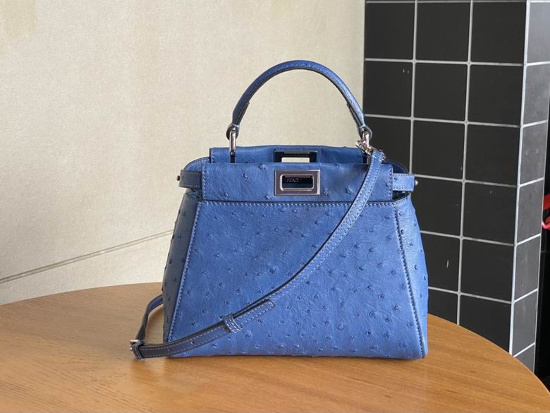 Fendi Peekaboo Mini Top-Handle Bag in Blue Ostrich-Texture Leather
