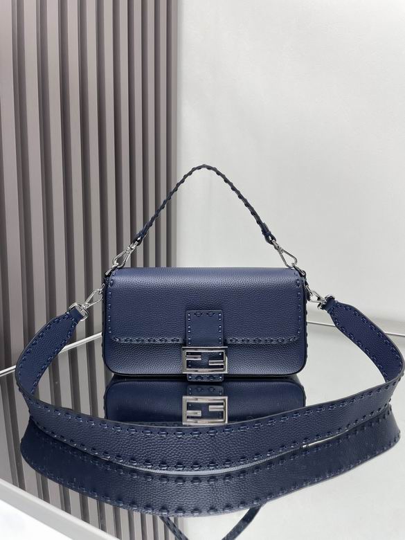 Fendi Baguette Medium Shoulder Bag in Navy Grained Leather with Selleria Stitching