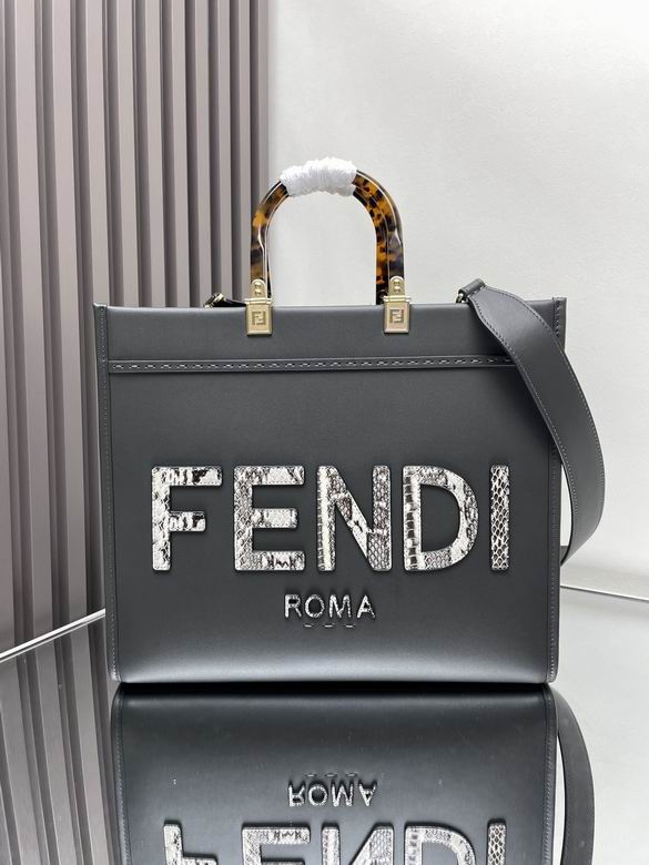 Fendi Sunshine Medium Tote Bag in Gray Leather with Python-Effect Logo