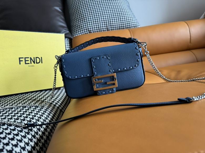Fendi Baguette Mini Shoulder Bag in Navy Grained Leather with Selleria Stitching