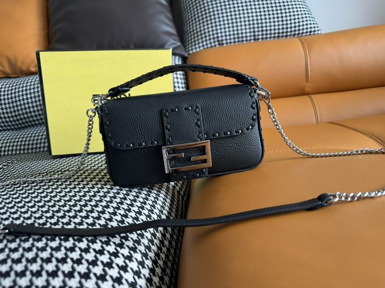 Fendi Baguette Mini Shoulder Bag in Black Grained Leather with Selleria Stitching
