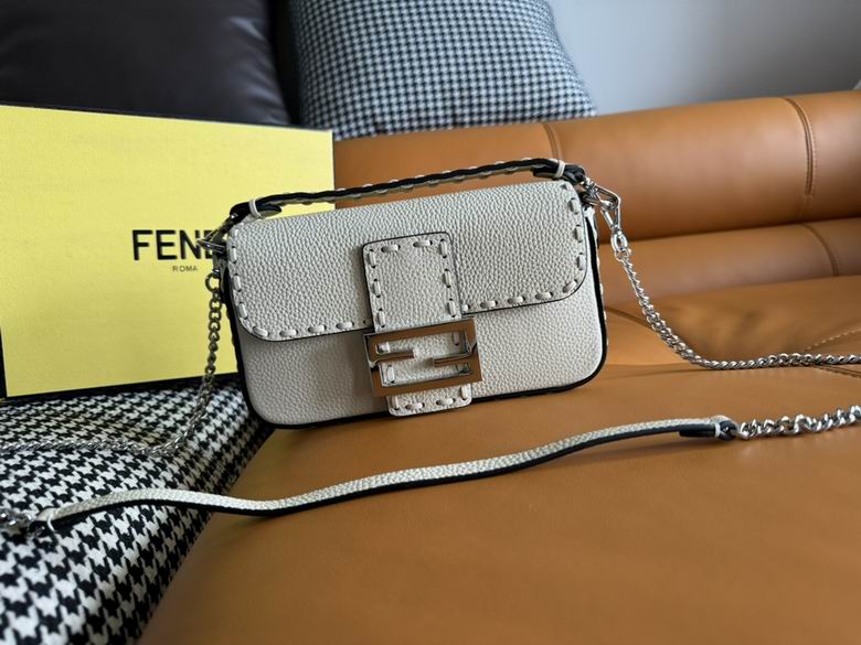 Fendi Baguette Mini Shoulder Bag in Off-White Grained Leather with Topstitching