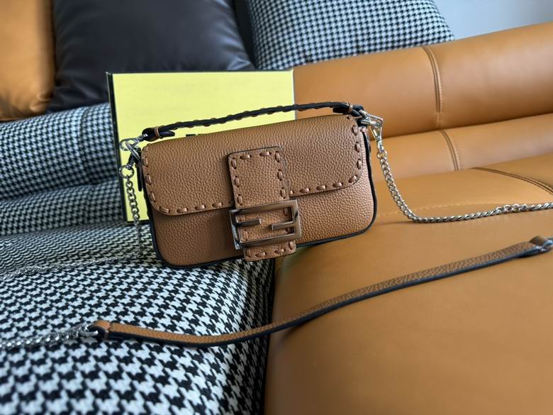 Fendi Baguette Mini Shoulder Bag in Tan Grained Leather with Selleria Stitching