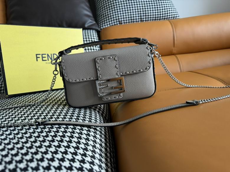 Fendi Baguette Mini Selleria-Style Shoulder Bag in Greige Grained Leather
