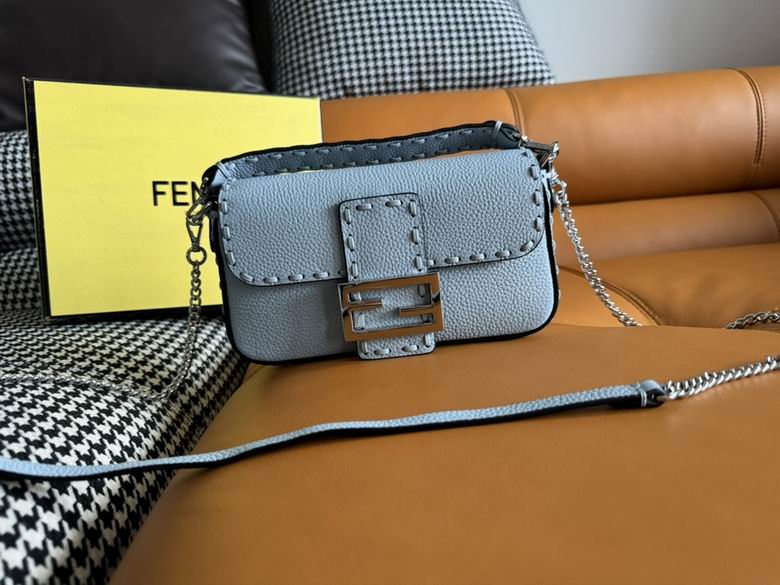 Fendi Baguette Mini Shoulder Bag in Light Blue Grained Leather with Stitching