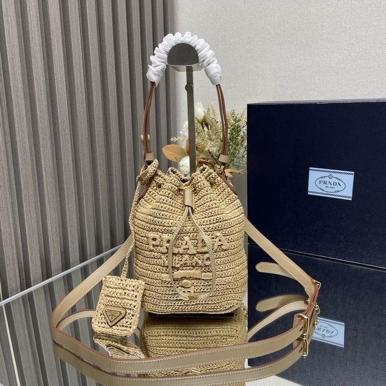 Prada Raffia Crochet Drawstring Bucket Bag in Natural Beige with Pouch