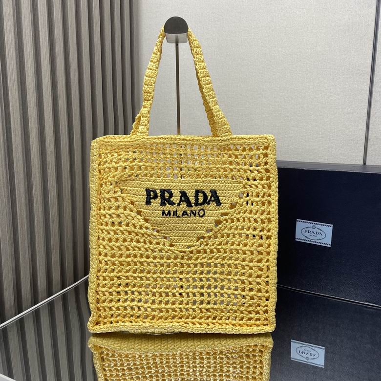 Prada Crochet Raffia-Effect Tote Bag with Black Logo Embroidery in Yellow