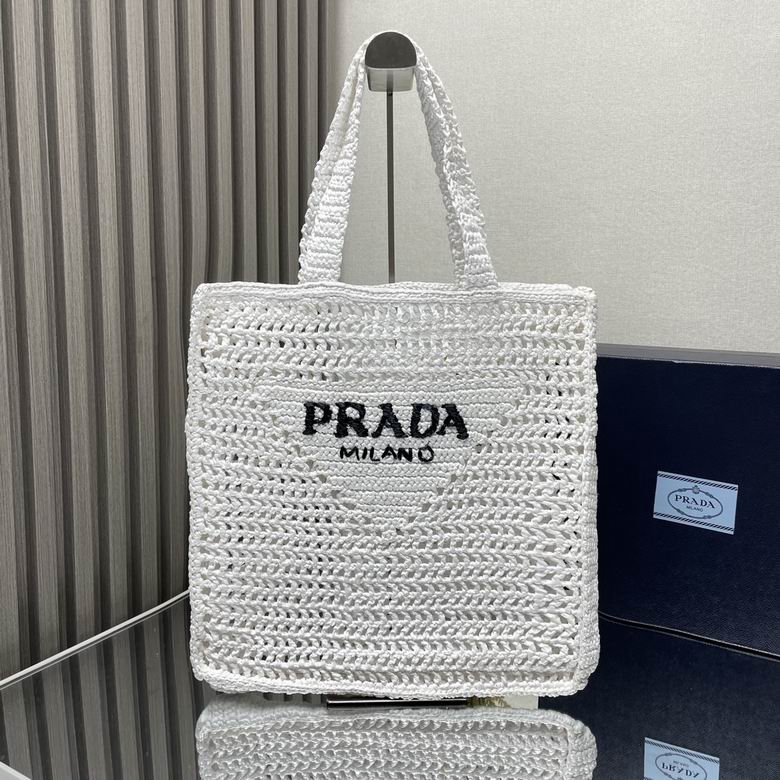 Prada Crochet Raffia Tote Bag in White with Black Embroidered Logo