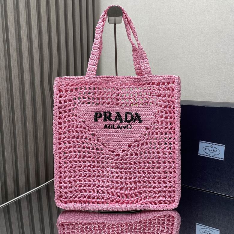 Prada Crochet Raffia Tote Bag with Triangle Logo in Pink