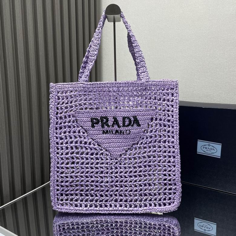 Prada Open-Weave Raffia-Style Tote Bag with Triangle Logo in Lilac