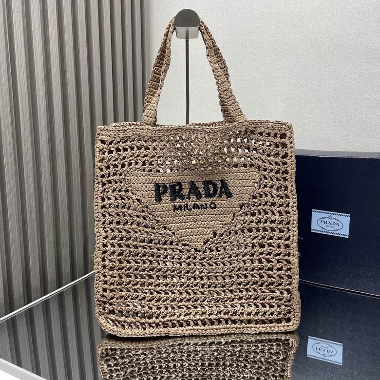 Prada Raffia Tote Bag with Embroidered Triangle Logo in Natural Beige