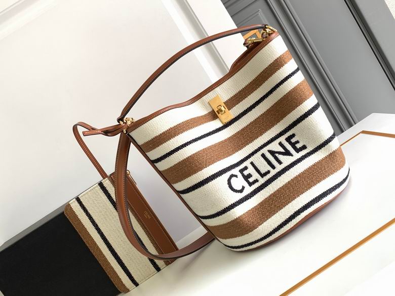 Celine 16 Bucket Bag in Striped Textile with Celine Embroidery and Tan Calfskin