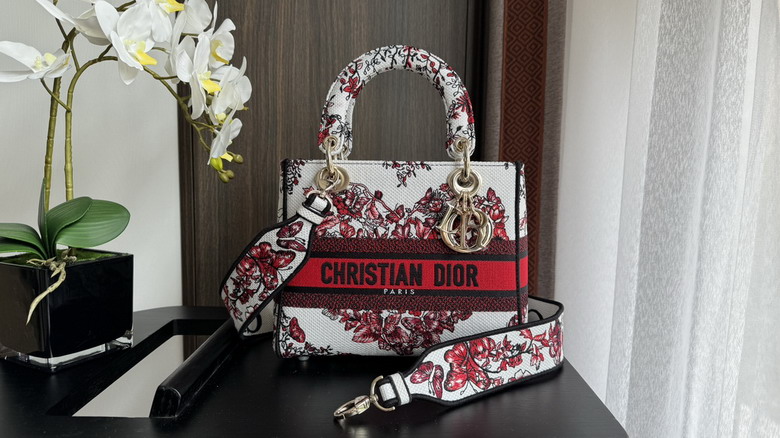 Christian Dior Lady D-Lite Medium Bag in Red Floral Embroidered Canvas