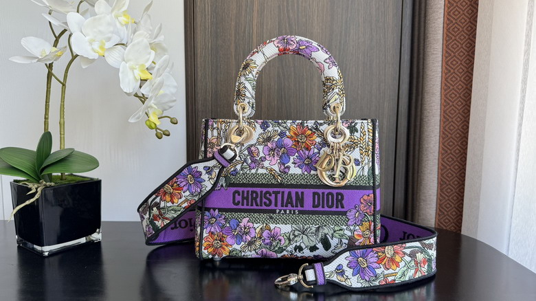 Christian Dior Lady D-Lite Medium Bag in Purple Multicolor Floral Embroidery